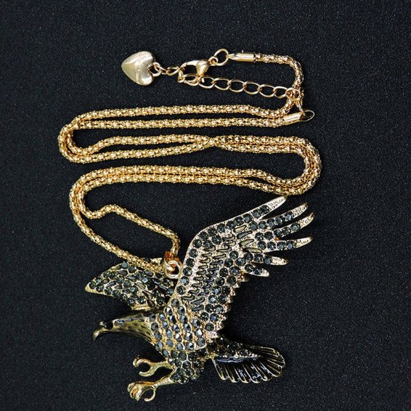 Awesome American EAGLE PENDANT Necklace Black Crystal with Enamel Accents - Picture 2 of 3